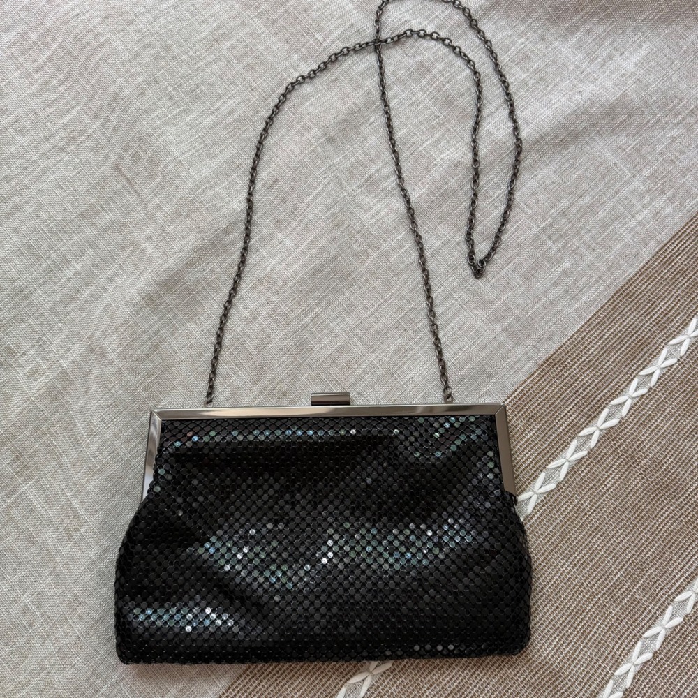 Gunne Sax Jessica McClintock‎ Black Metal Mesh Evening Clutch Bag Chain Strap